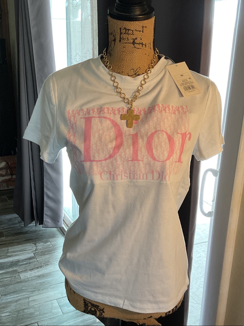 Dior White Tee with Pink Logo